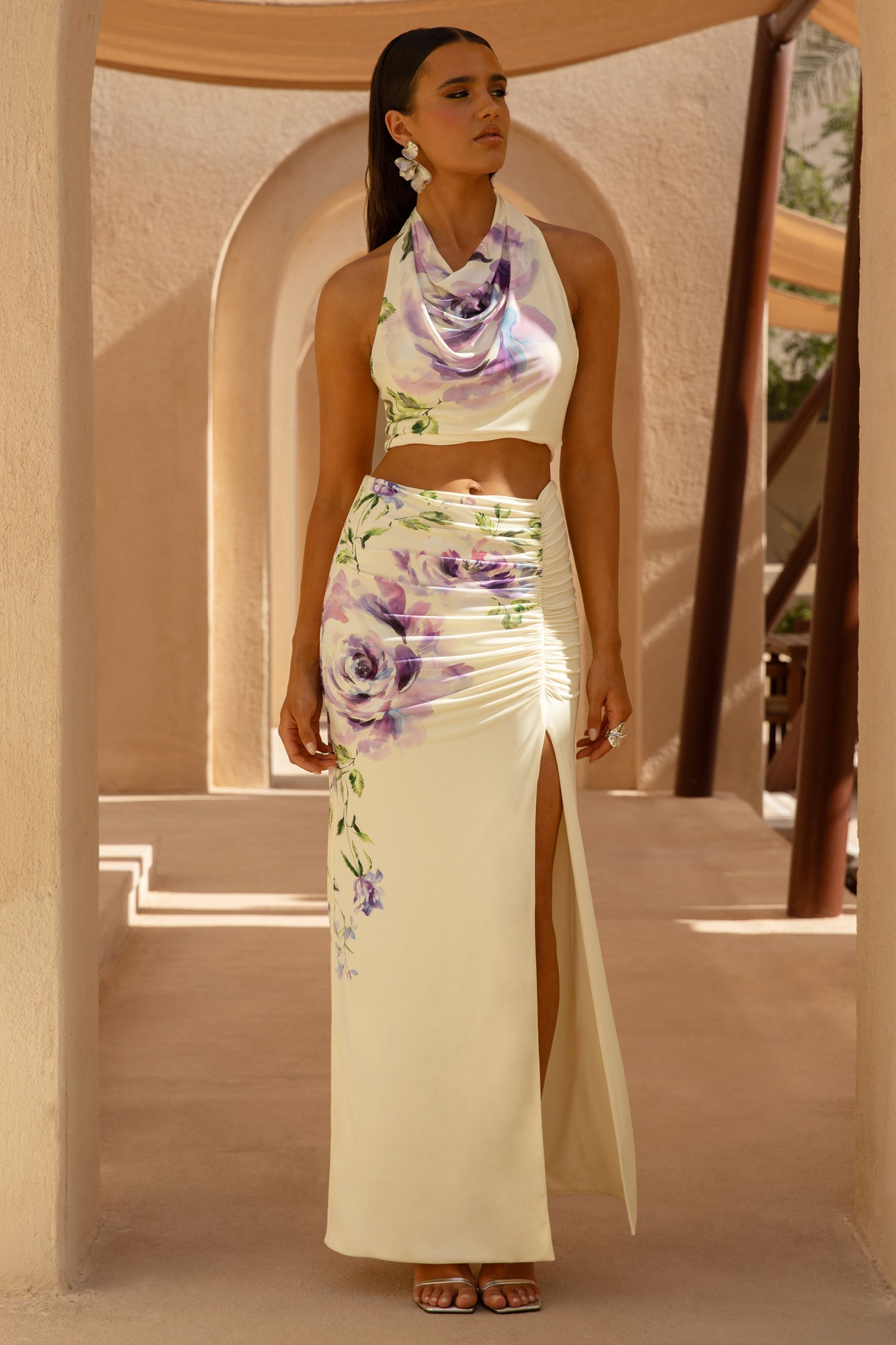 Stassi | Lilac Floral Placement Print Ruched Split Maxi Skirt