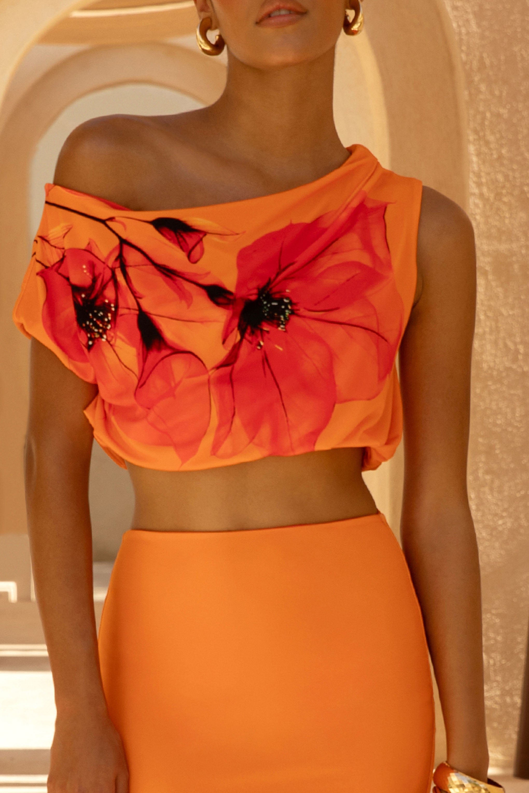 Lia | Orange And Red Placement Floral Print Asymmetric Crop-Top