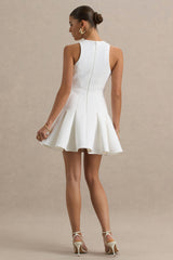 Leilani | White Racer-Neck Mini Dress With Ruffling Detail