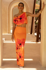 Clara | Orange And Red Placement Floral Print Maxi Skirt