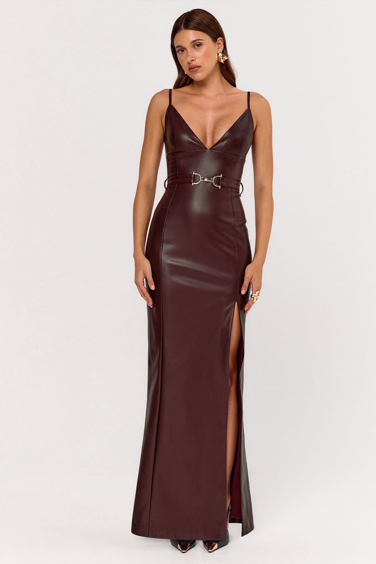 Lila | Burgundy Faux Leather Plunge-Neck Maxi Dress With Split