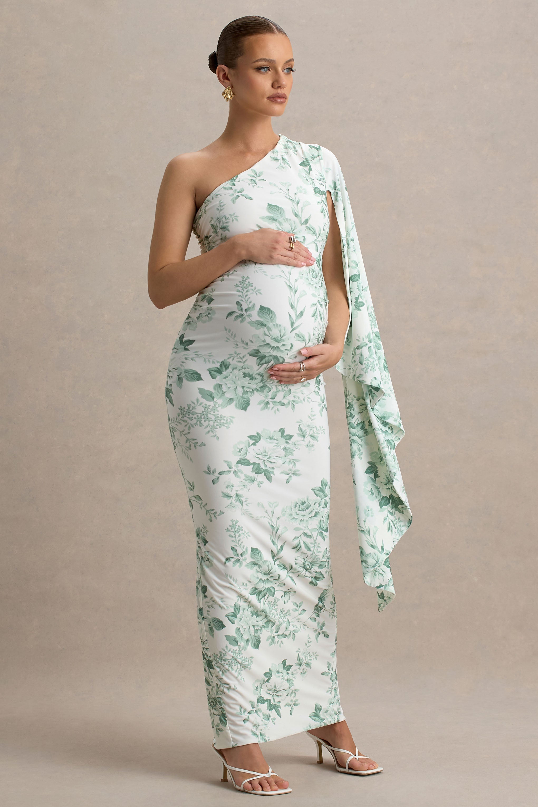 Aliana | Green Porcelain Print Asymmetric Maternity Maxi Dress With Ruched Detailing