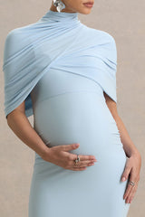 Augustina | Powder Blue Maternity Midi Dress With Cape
