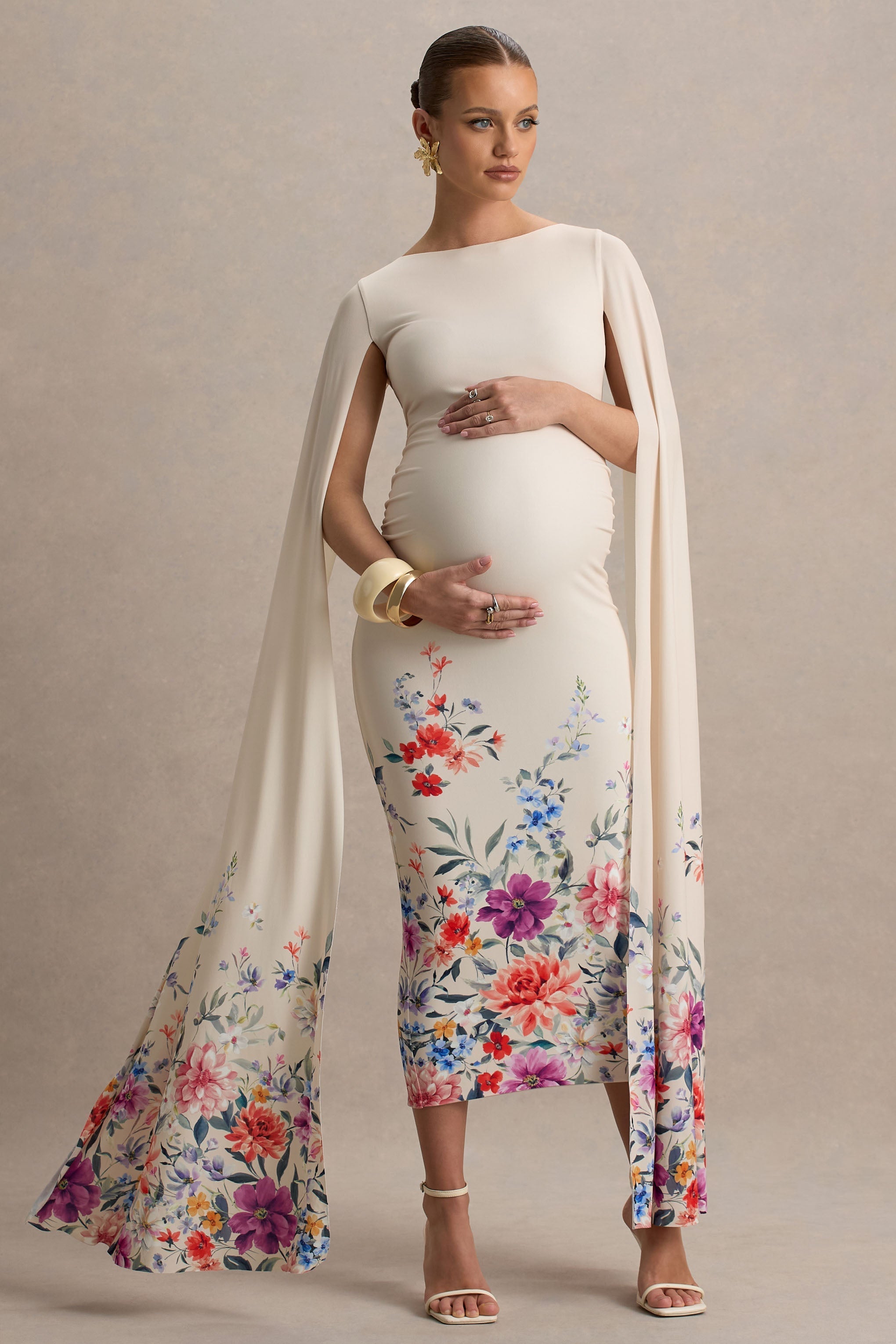 Providence | Light Pink Floral Print Boat-Neck Maternity Midi Dress With Cape Sleeves