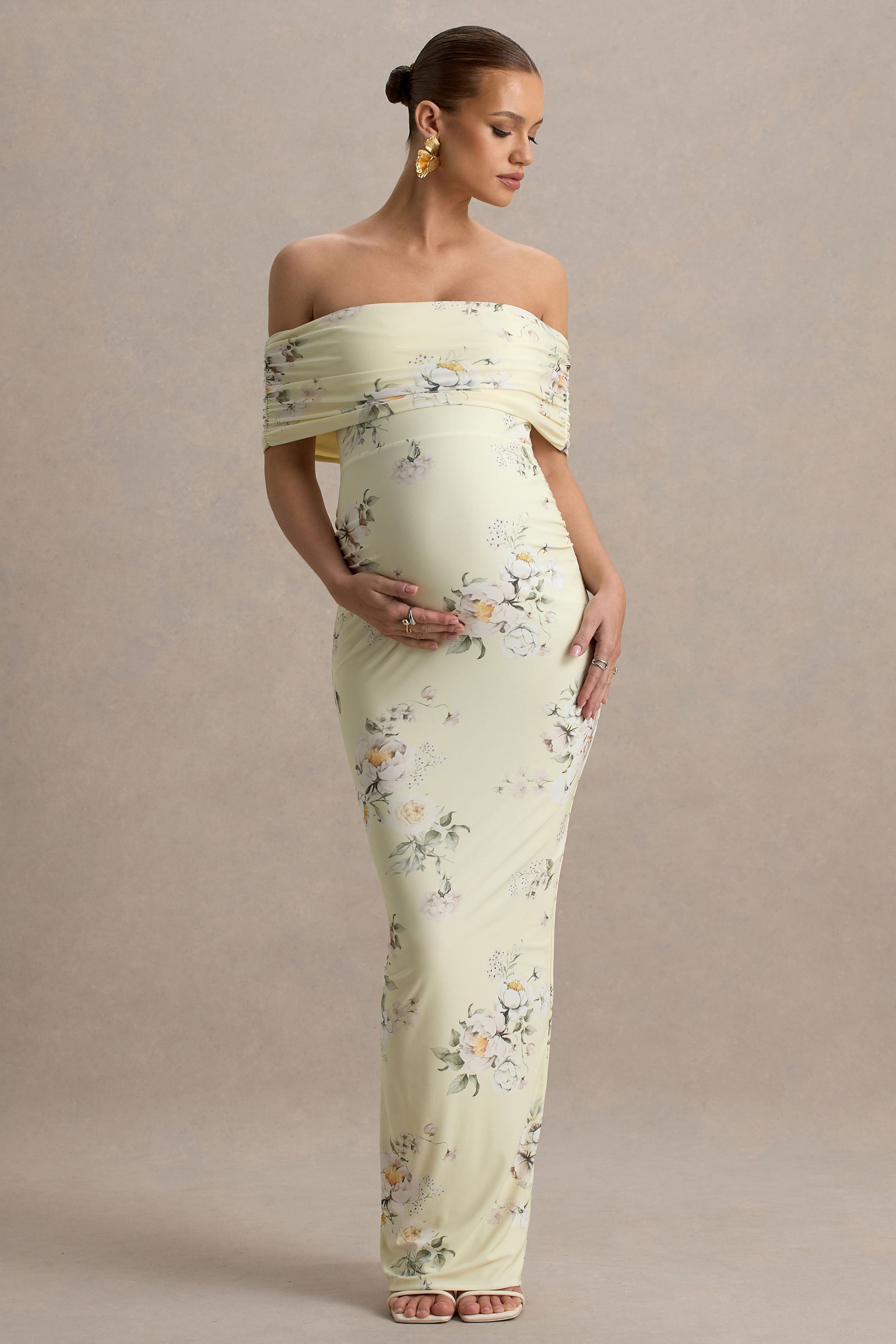 Cindy | Lemon Floral Bouquet Print Bardor-Neck Maternity Maxi Dress With Ruched Detail
