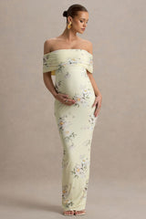 Cindy | Lemon Floral Bouquet Print Bardor-Neck Maternity Maxi Dress With Ruched Detail