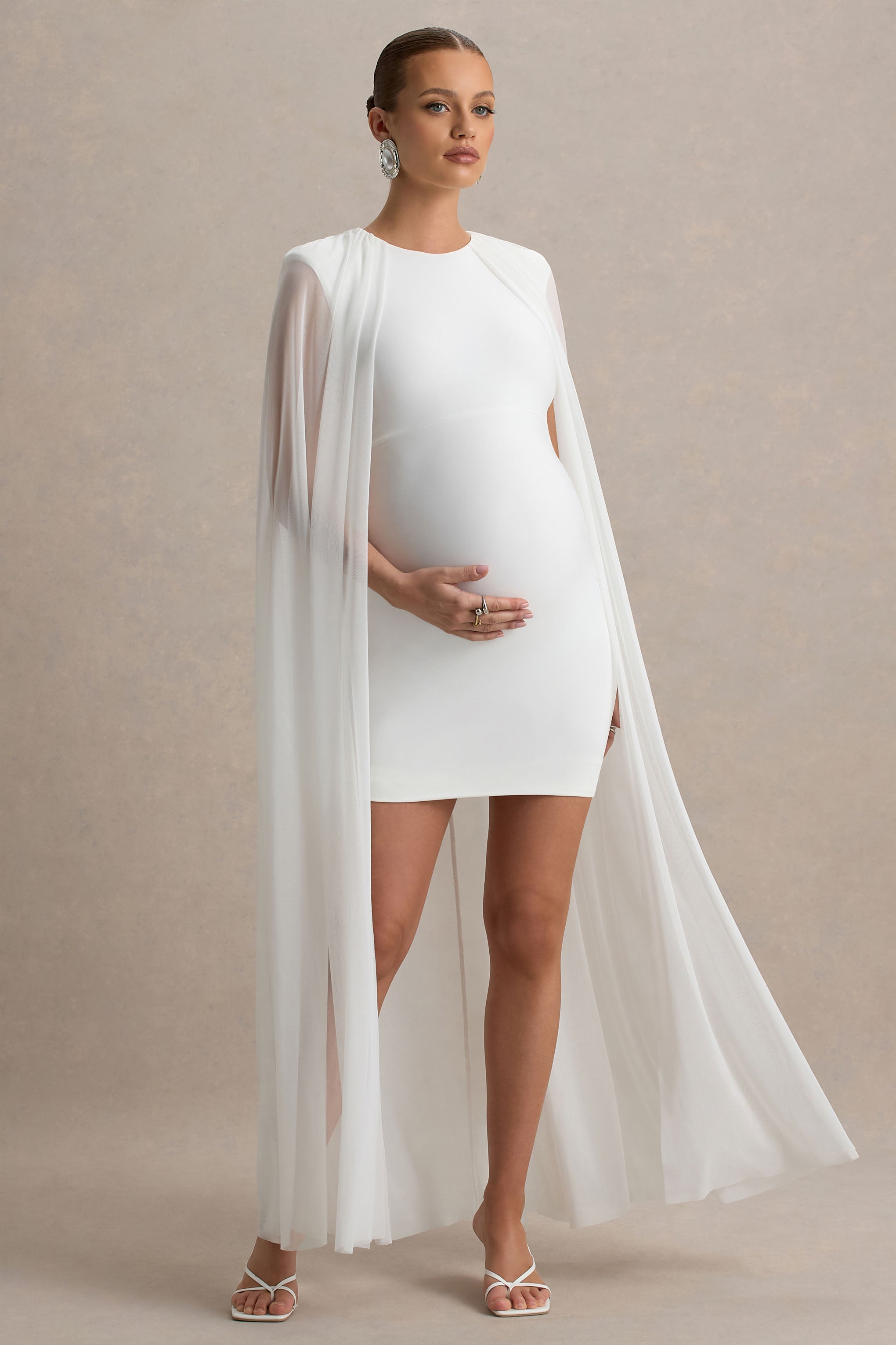Charlene | White High-Neck Maternity Mini Dress With Mesh Cape