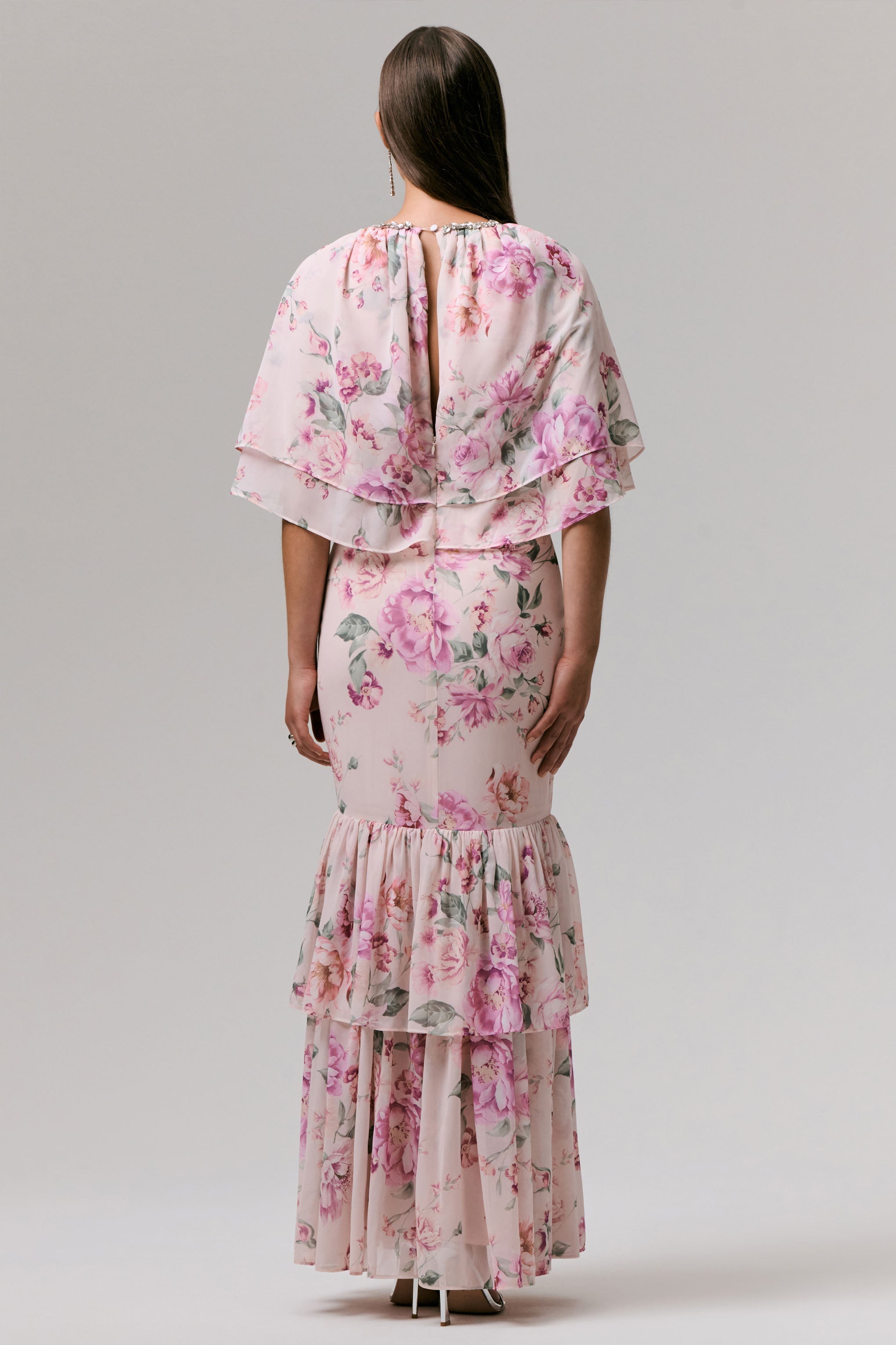 Never Let Go | Pink Floral Print Chiffon Maxi Dress With Tiered Hem