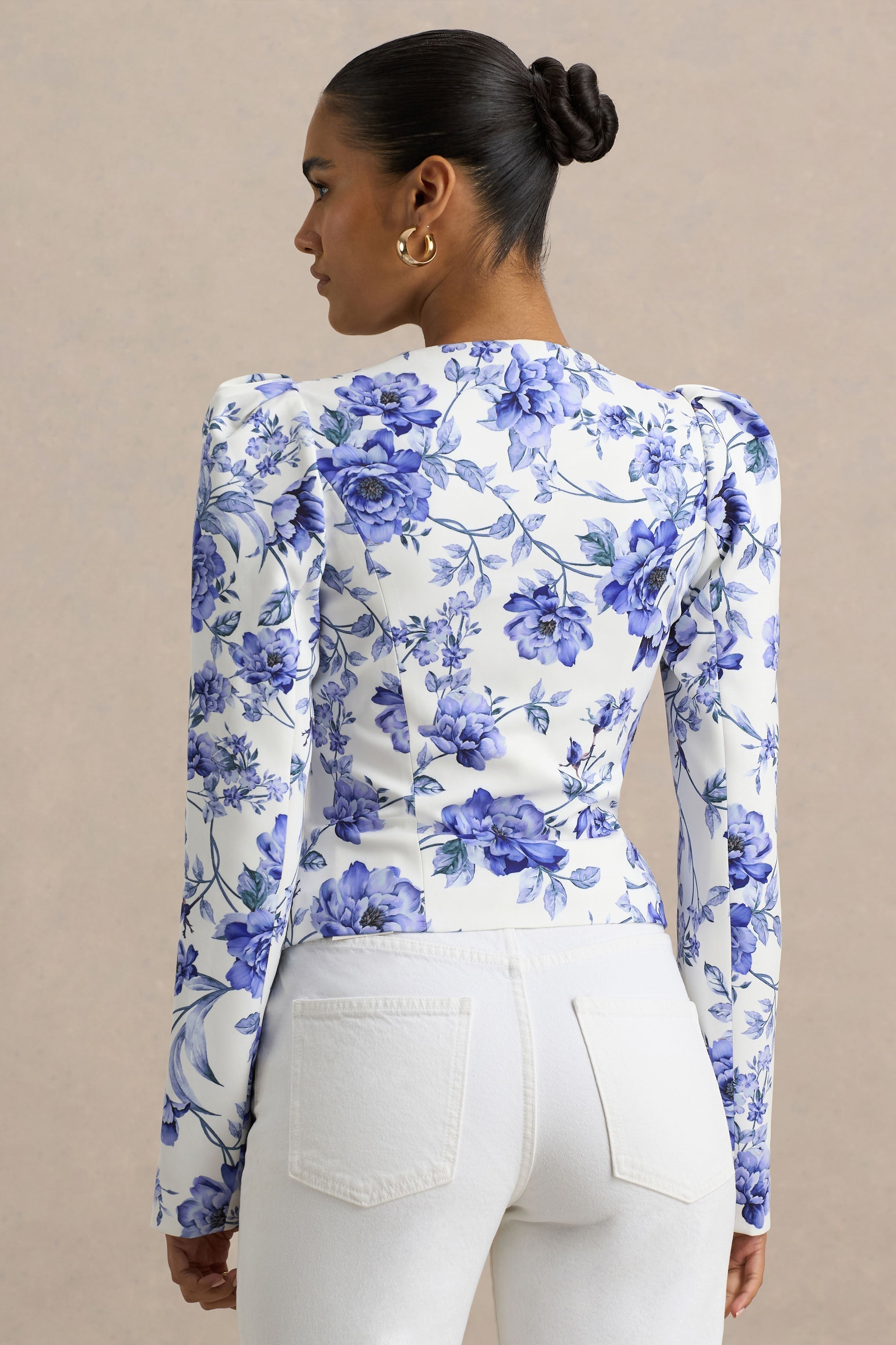 Olympia | Blue Floral Print Sweetheart-Neck Tailored Top