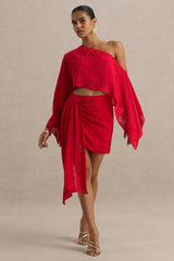 Melania | Red Satin Devore Wrap Mini Skirt With Sash Detail